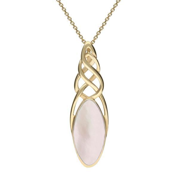 9ct Yellow Gold Pink Mother of Pearl Long Marquise Celtic Necklace P1391