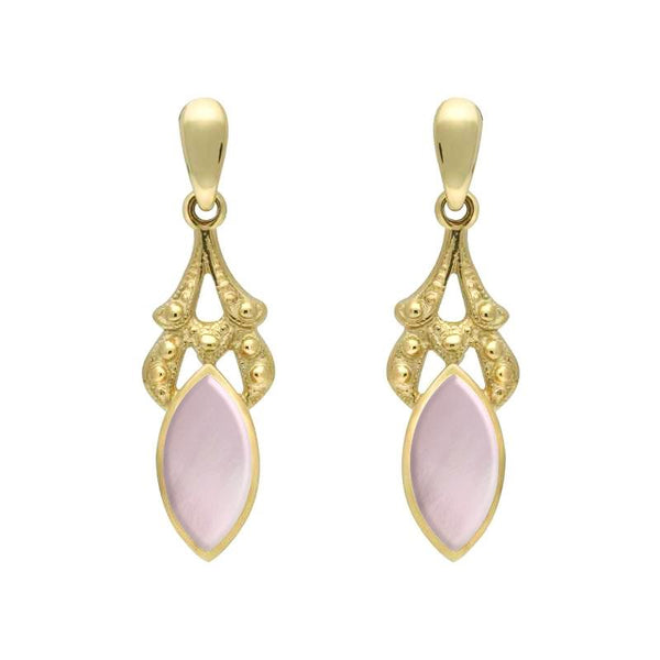 9ct Yellow Gold Pink Mother of Pearl Marquise Drop Earrings. E075.