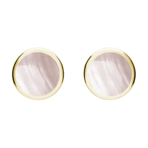 9ct Yellow Gold Pink Mother of Pearl Round Stud Earrings. E099.