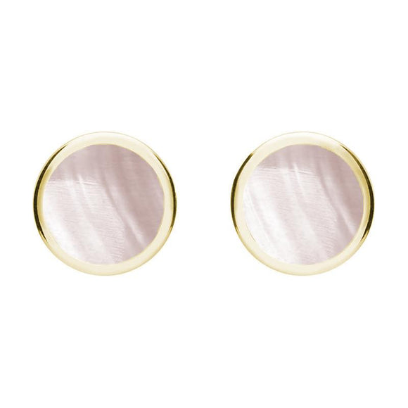 9ct Yellow Gold Pink Mother of Pearl Round Stud Earrings. E099.