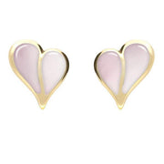 9ct Yellow Gold Pink Mother of Pearl Split Heart Stud Earrings. E364.