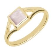 9ct Yellow Gold Pink Mother of Pearl Square Split Shoulder Ring. R063.