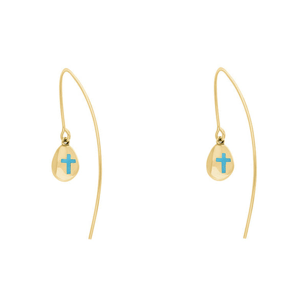 9ct Yellow Gold Turquoise Cross Disc Drop Earrings, E1374.