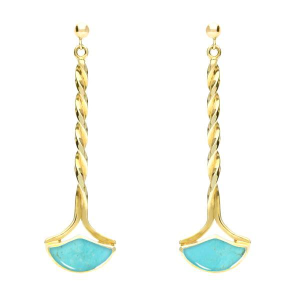 9ct Yellow Gold Turquoise Drop Twist Fan Stud Earrings. E122.