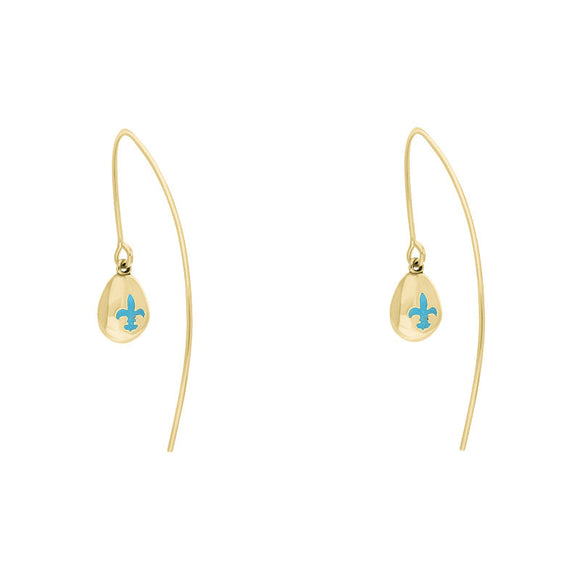 9ct Yellow Gold Turquoise Fleur De Lis Disc Drop Earrings, E1373.