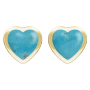 9ct Yellow Gold Turquoise Large Framed Heart Stud Earrings. E433.