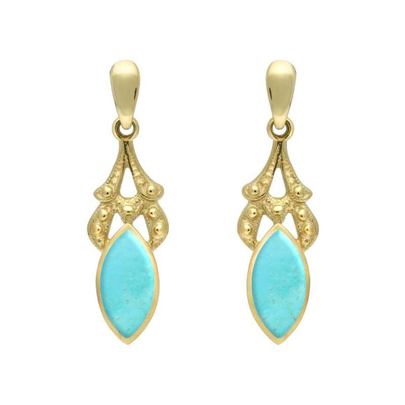 9ct Yellow Gold Turquoise Marquise Drop Earrings. E075.