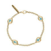 9ct Yellow Gold Turquoise Oval Cross Detail Four Stone Bracelet, B799.