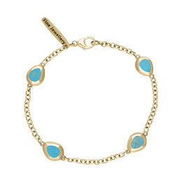 9ct Yellow Gold Turquoise Oval Fleur De Lis Detail Four Stone Bracelet, B798.