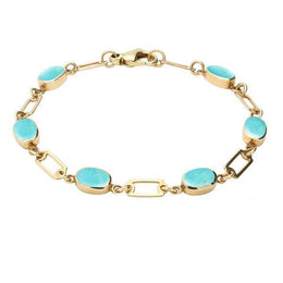 9ct Yellow Gold Turquoise Oval Linked Bracelet. B026.