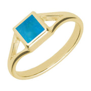 9ct Yellow Gold Turquoise Square Split Shoulder Ring. R063.