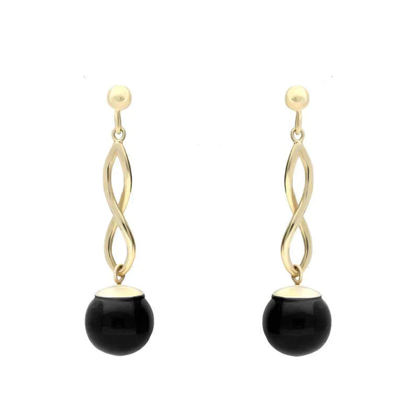 9ct Yellow Gold Whitby Jet 8mm Bead Twist Drop Earrings. E1481.