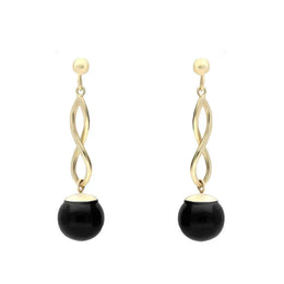 9ct Yellow Gold Whitby Jet 8mm Bead Twist Drop Earrings. E1481.
