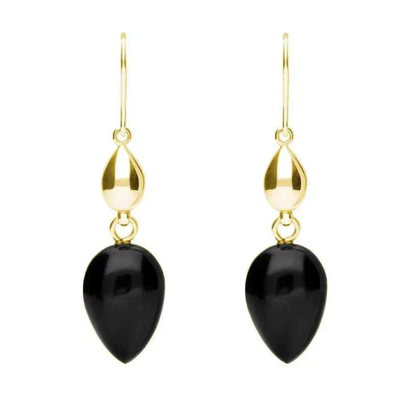 9ct Yellow Gold Whitby Jet Carved Pear Bead Drop Hook Earrings E1530