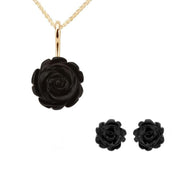 9ct Yellow Gold Whitby Jet Carved Rose Two Piece Set