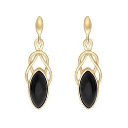 9ct Yellow Gold Whitby Jet Celtic Twist Drop Stud Earrings E984