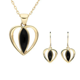 9ct Yellow Gold Whitby Jet Centre Stone Heart Two Piece Set S024