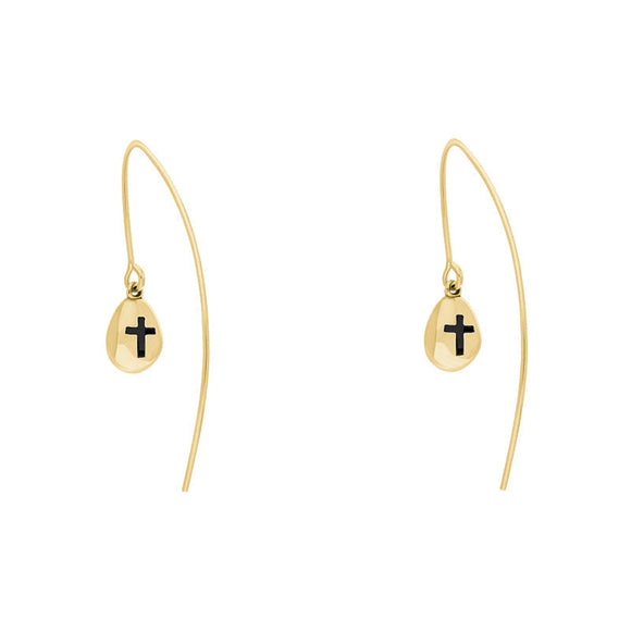 9ct Yellow Gold Whitby Jet Cross Disc Drop Earrings, E1374.
