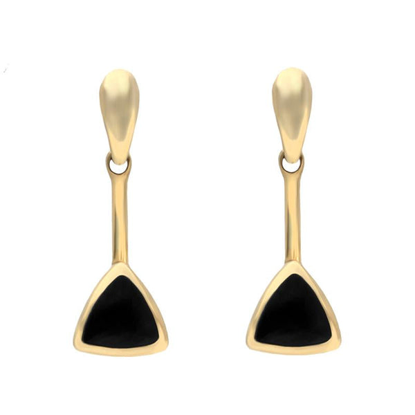 9ct Yellow Gold Whitby Jet Curved Triangle Drop Earrings. E032.