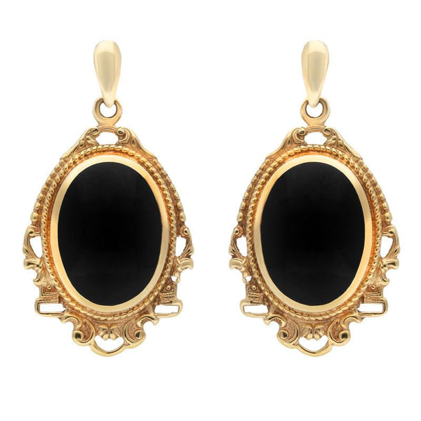 9ct Yellow Gold Whitby Jet Edwardian Style Oval Drop Earrings E076