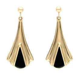 9ct Yellow Gold Whitby Jet Fleur Triangle Drop Earrings E064
