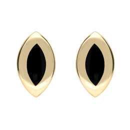 9ct Yellow Gold Whitby Jet Framed Marquise Stud Earrings. E561.