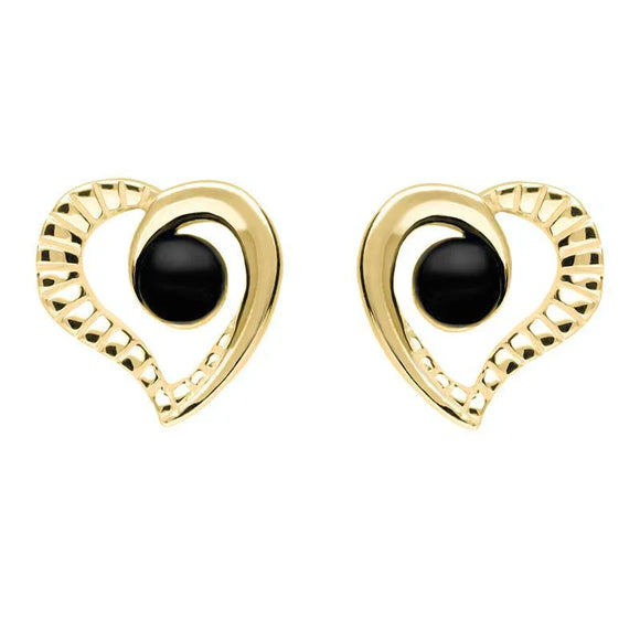 9ct Yellow Gold Whitby Jet Half Ridged Heart Stud Earrings. E1908. 