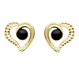 9ct Yellow Gold Whitby Jet Half Ridged Heart Stud Earrings. E1908. 