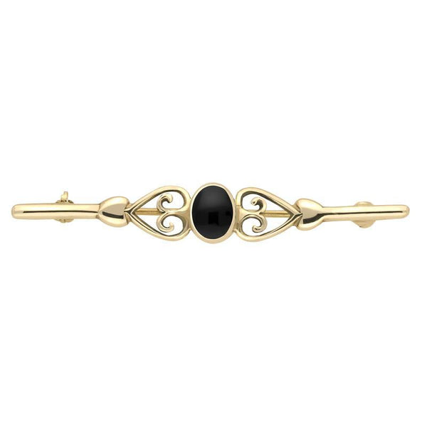 9ct Yellow Gold Whitby Jet Heart Bar Brooch. M021.