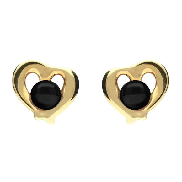 9ct Yellow Gold Whitby Jet Heart Outline Stud Earrings E1911