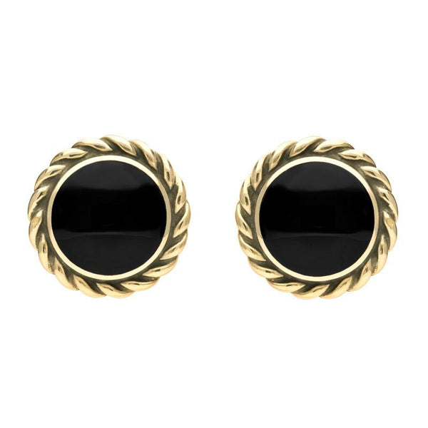 9ct Yellow Gold Whitby Jet Large Rope Edge Round Stud Earrings E115