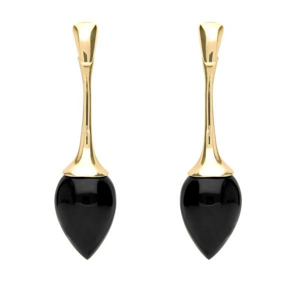 9ct Yellow Gold Whitby Jet Long Flute Pear Drop Earrings E1461