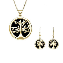 9ct Yellow Gold Whitby Jet Medium Round Tree of Life Two Piece Set S065