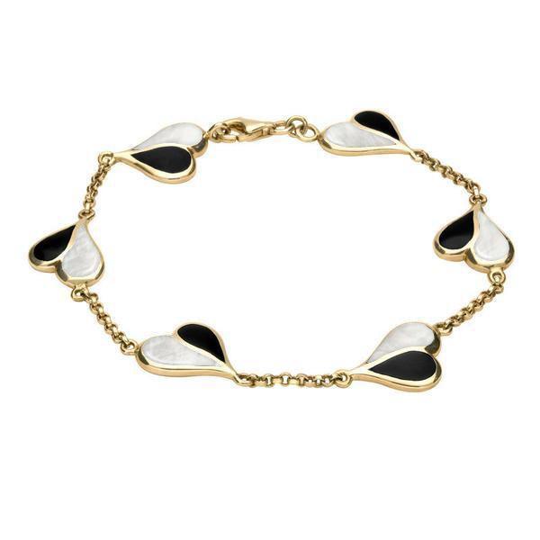 9ct Yellow Gold Whitby Jet Mother of Pearl Split Heart Bracelet. B360.