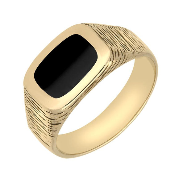 9ct Yellow Gold Whitby Jet Oblong Bark Effect Signet Ring. r188