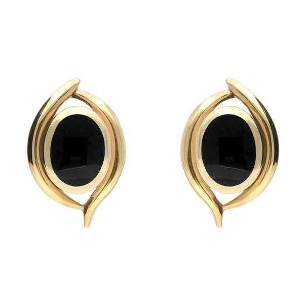 9ct Yellow Gold Whitby Jet Oval Double Fleur Stud Earrings. E300.