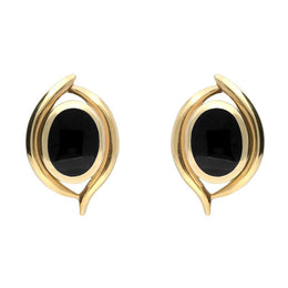 9ct Yellow Gold Whitby Jet Oval Double Fleur Stud Earrings. E300.