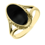 9ct Yellow Gold Whitby Jet Oval Rope Edge Ring. R112.