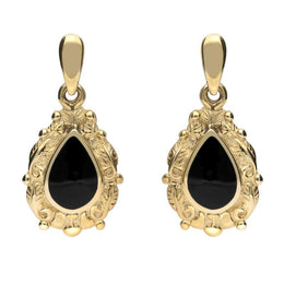 9ct Yellow Gold Whitby Jet Pear Shaped Leaf Drop Earrings E083