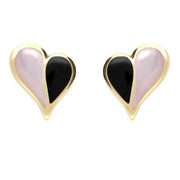 9ct Yellow Gold Whitby Jet Pink Mother of Pearl Split Heart Stud Earrings E364