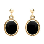 9ct Yellow Gold Whitby Jet Rope Edge Oval Drop Earrings. E010. 