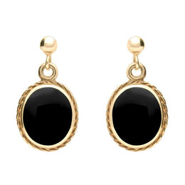 9ct Yellow Gold Whitby Jet Rope Edge Oval Drop Earrings. E010. 