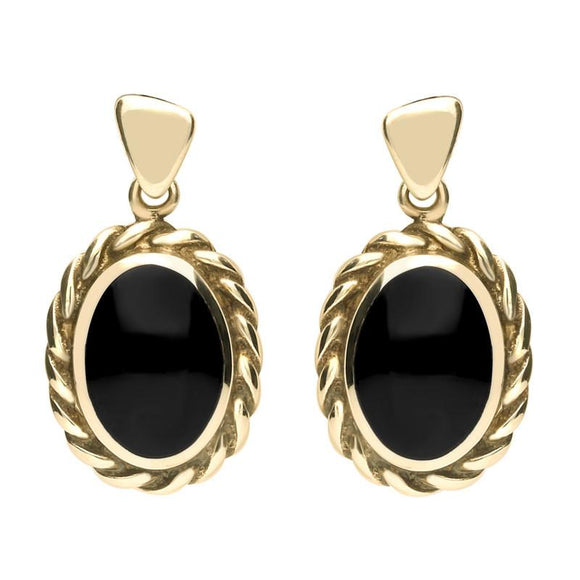 9ct Yellow Gold Whitby Jet Oval Rope Edge Triangle Bale Drop Earrings E286