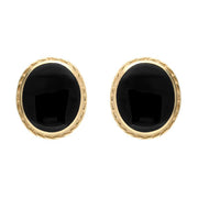 9ct Yellow Gold Whitby Jet Rope Edge Oval Stud Earrings. E023. 