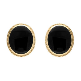 9ct Yellow Gold Whitby Jet Rope Edge Oval Stud Earrings. E023. 