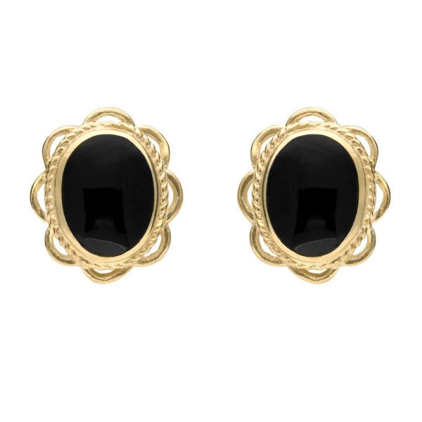 9ct Yellow Gold Whitby Jet Rope Frill Edge Oval Stud Earrings E009