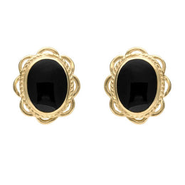 9ct Yellow Gold Whitby Jet Rope Frill Edge Oval Stud Earrings E009
