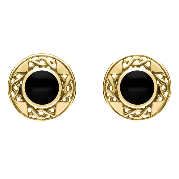 9ct Yellow Gold Whitby Jet Round Celtic Stud Earrings. E149.