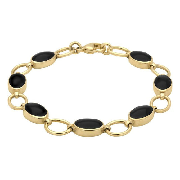 9ct Yellow Gold Whitby Jet Seven Oval Stone Bracelet B185