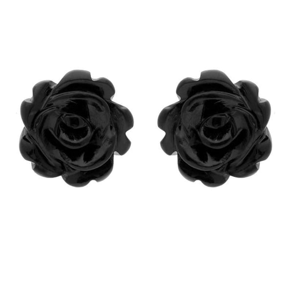 9ct Yellow Gold Whitby Jet Small Carved Rose Stud Earrings E2151